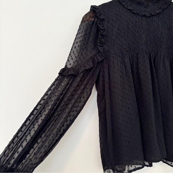 Zara long sleeve semi sheer smocked blouse black medium - Picture 3 of 8